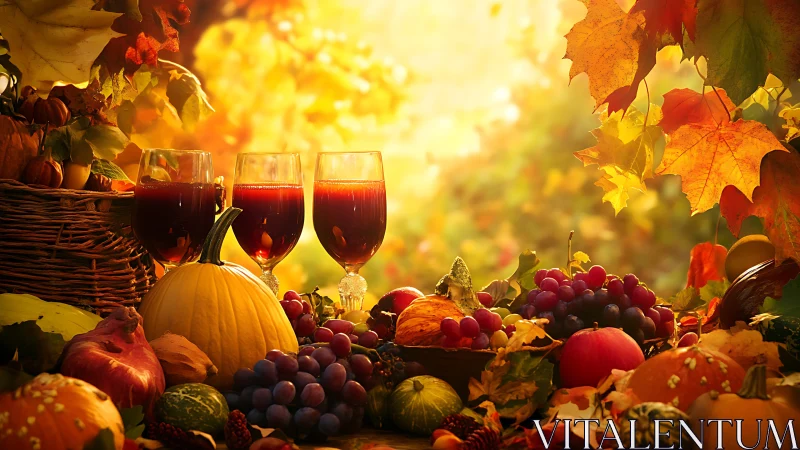Autumn harvest still life with wine glasses and pumpkins.