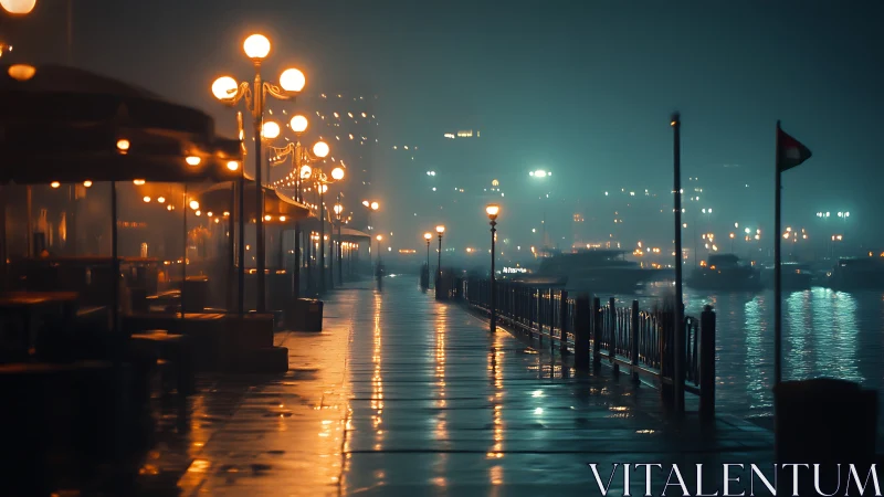 Foggy waterfront promenade shows wet pavement and lampposts