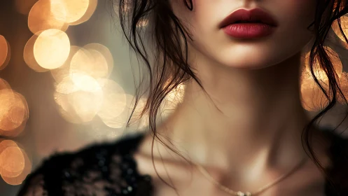 Soft-lit red lips and loose curls glow against golden bokeh