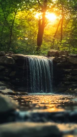 Shallow depth-of-field captures small forest waterfall at sunset