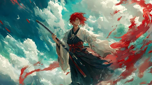 Red haired samurai commands swirling scarlet sky winds.