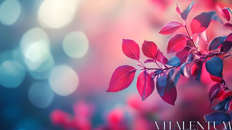 Crimson leaves drift softly through a dreamy pastel dusk