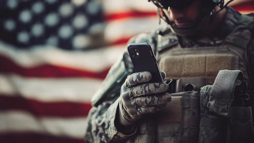 Modern soldier using smartphone before US flag backdrop.