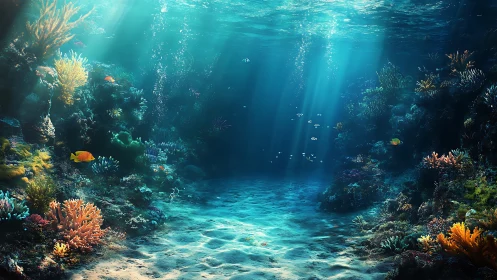 Sunlit coral reef scene shows fish swimming through clear water