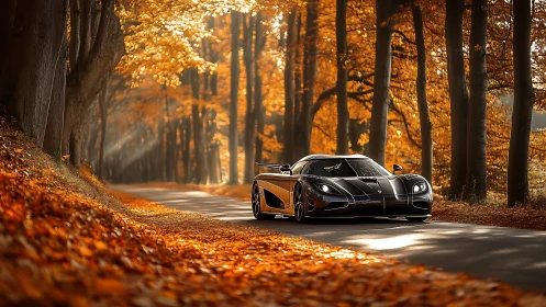 Sleek black supercar glides through a glowing autumn forest road