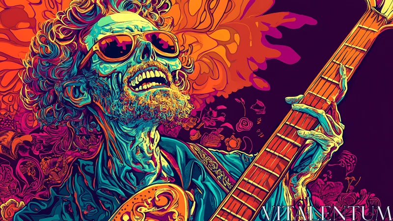 Psychedelic spectral guitarist in neon chromatic turbulence.