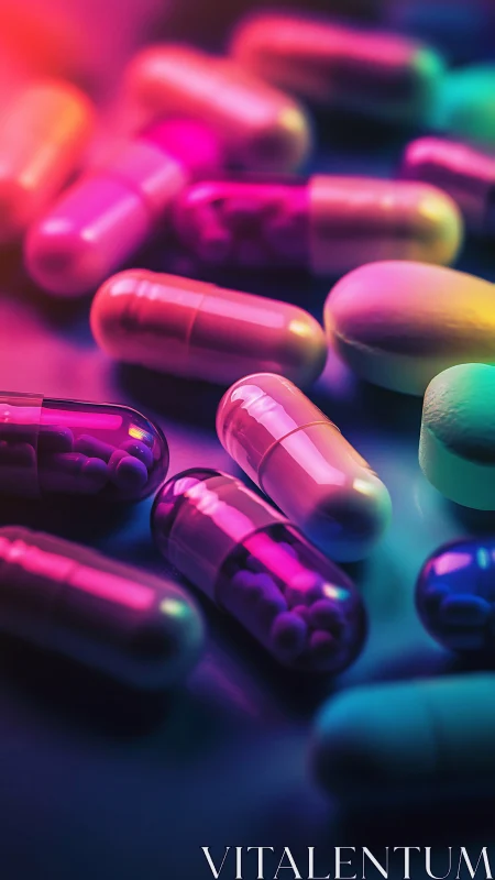 Neon pharmaceutical capsules glow under vibrant gradient light.