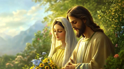 Two robed figures stand in a sunlit garden landscape