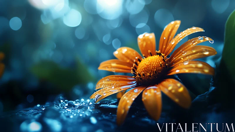 Orange Daisy With Water Droplets in Rain.