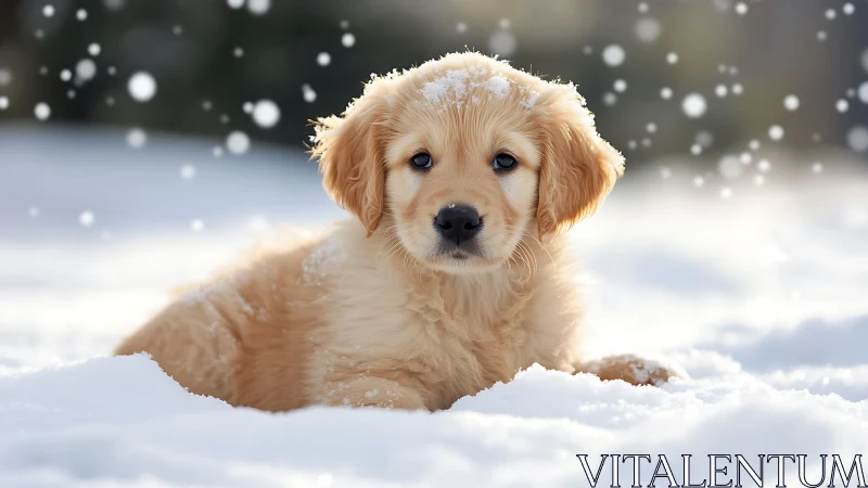 Golden retriever puppy lying in fresh snow under soft snowfall