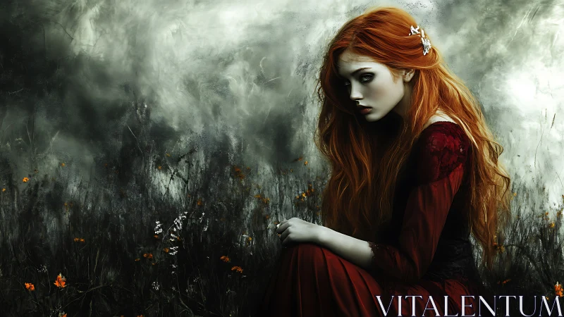 Digital painting of red-haired woman in misted wild meadow.