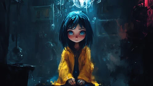 Melancholic blue-haired child in yellow coat rendered in moody oils