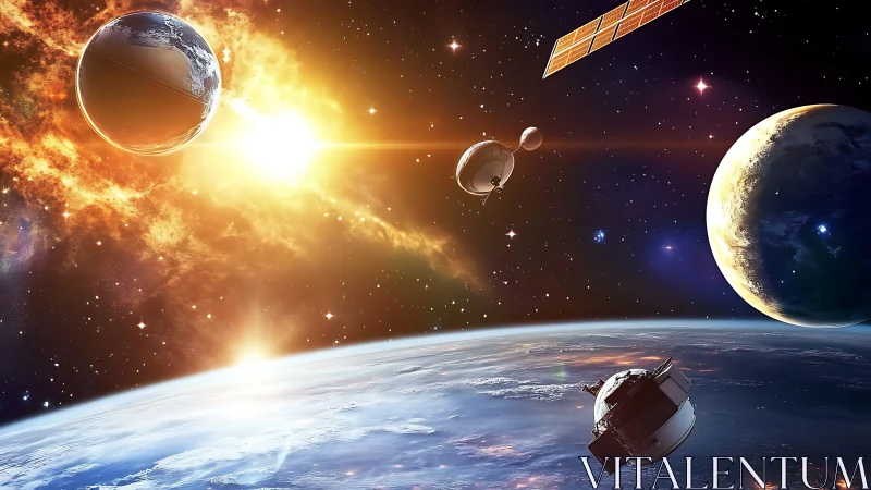 Golden sunrise over Earth welcomes satellites in quiet orbit