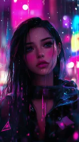 Neon rain night with a wistful cyberpunk daydreamer.