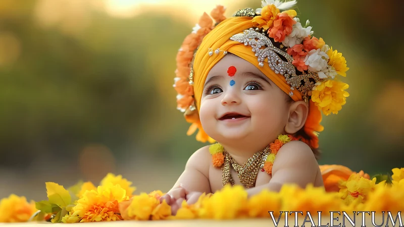 Infant in ornate yellow turban surrounded by marigold flowers.