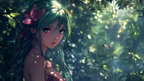 Green haired girl in forest clearing with single butterfly.