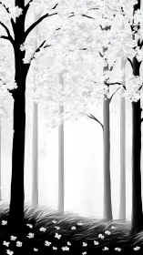 Monochromatic Forest Pathway with High-Contrast Silhouettes and Atmospheric Depth