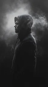 Hooded figure in profile emerging from cinematic smoke.