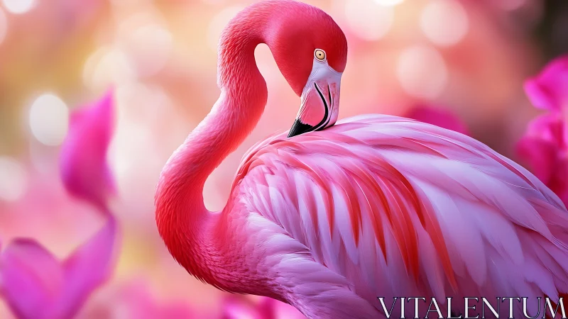 Close flamingo profile against soft pink bokeh background.