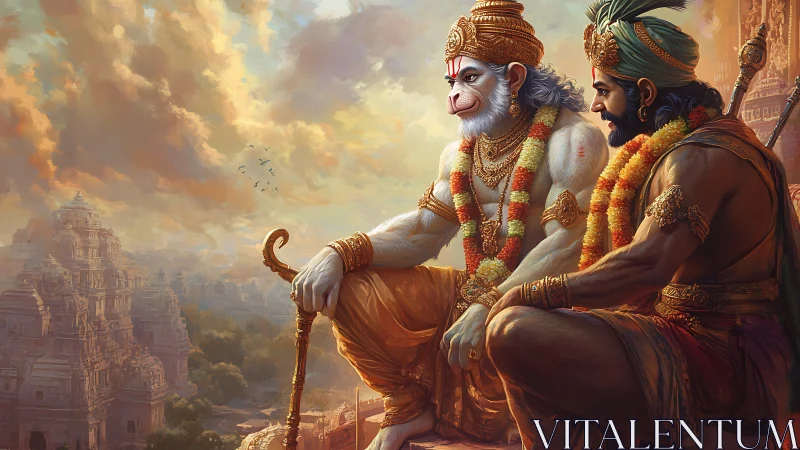 Divine warrior dialogue above ancient temple cityscape.