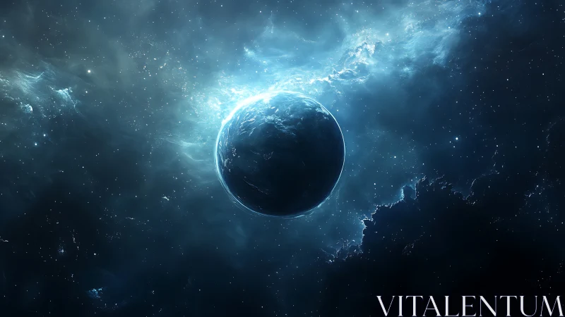 Dark planet set in blue nebula and distant starfield.