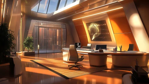 Futuristic executive office interior with curved desk layout.