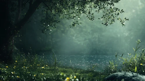 Mist-laden waterside vegetation with tree canopy overhead