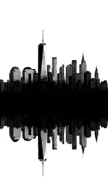Monochrome city skyline mirrored in stark white void.