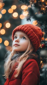 Young child in red winter clothing near lit tree at dusk.