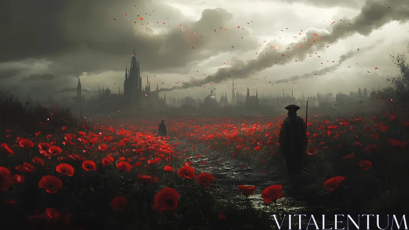 Figures in red poppy field before distant gothic cityscape.