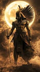 Egyptian warrior deity figure before full moon in clouds.