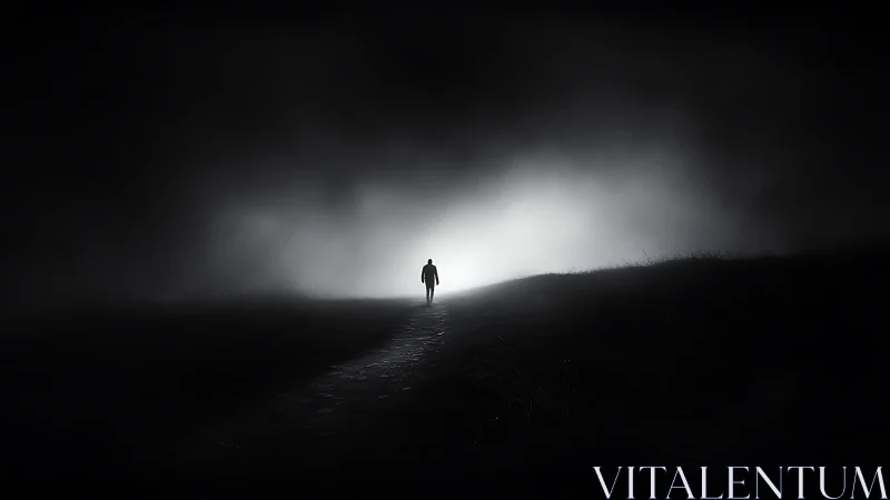 Solitary silhouette walking into a storm of unraveling light.
