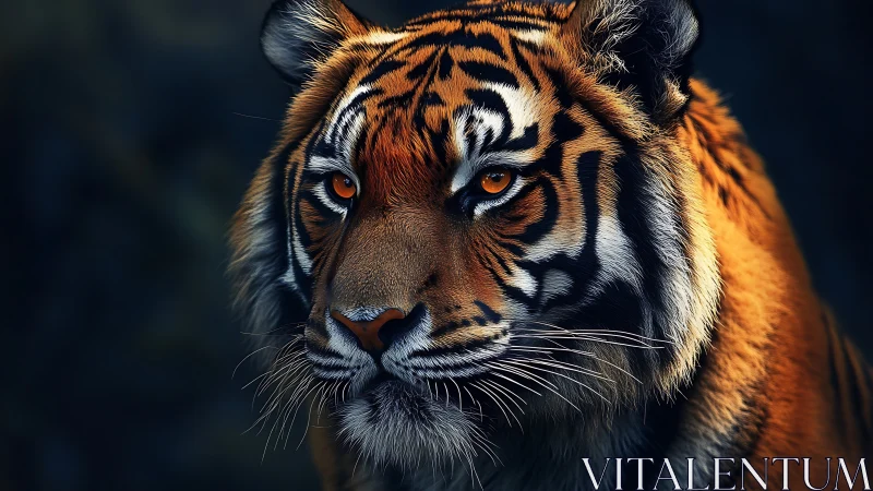 Intense tiger portrait under dramatic low key lighting.