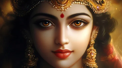 Divine goddess portrait with jeweled crown and warm bokeh light