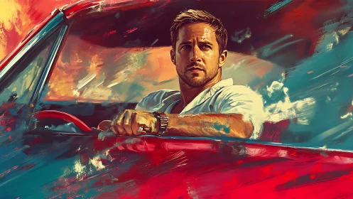 Dynamic driver portrait in red coupe, cinematic brush strokes