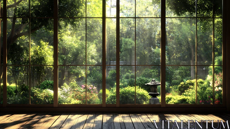 Sunlit garden view through wide wooden framed windows.