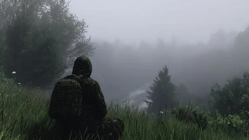 Quiet watcher in the misty valley, wrapped in soft fog.