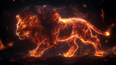 Fiery spectral lion strides through embers and darkness.