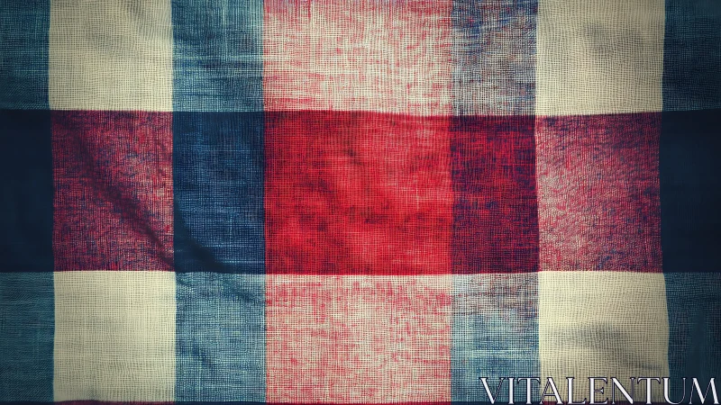 Woven plaid textile grid shows red, blue and cream tonal interplay