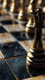 High-gloss metallic queen on marble chessboard with shallow depth