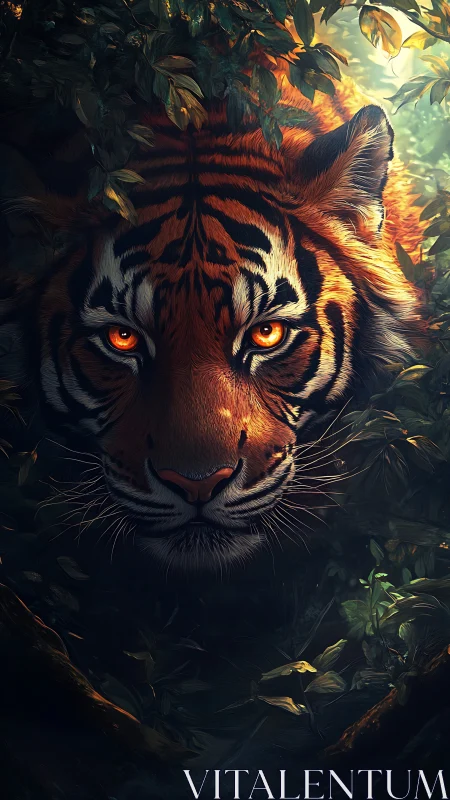 Tiger’s burning gaze emerges from shadowed jungle foliage