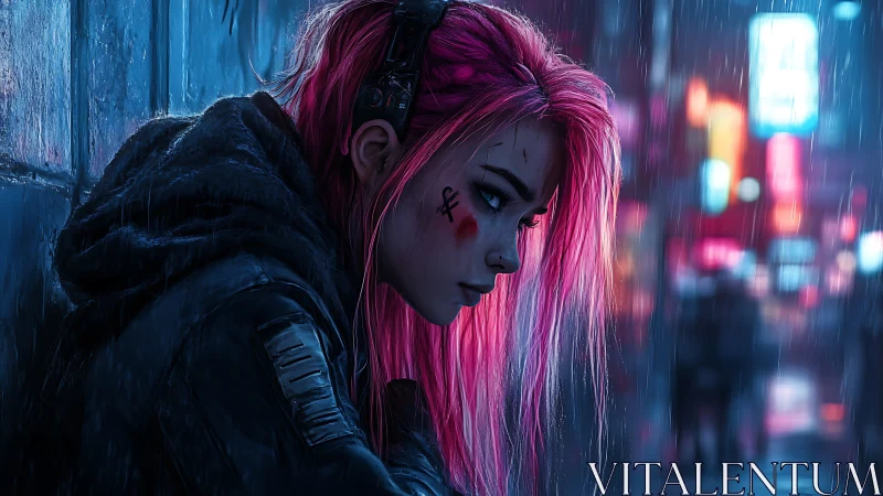 Pink haired cyberpunk woman in rainy neon city street.