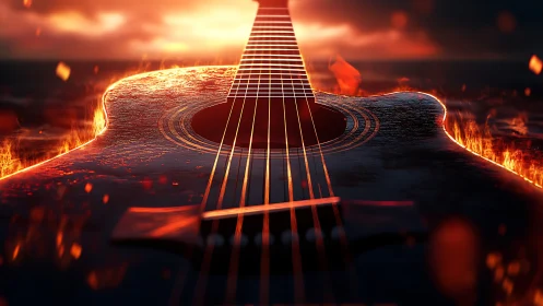 Close-up guitar body with surrounding flames at sunset.