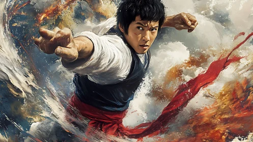 Martial artist in mid-air strike amid abstract energy field.