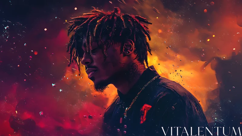 Side-lit digital portrait merges neon bokeh with cosmic haze