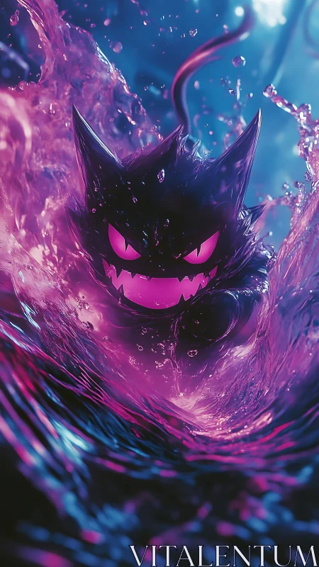 Ghostlike creature emerges through neon purple liquid