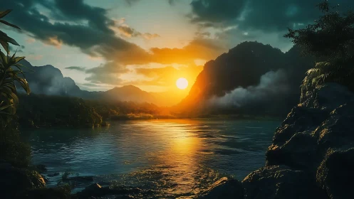 Digital painting sunset over misted jungle river basin panorama.