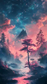 Mountain river landscape under star field in pink haze.