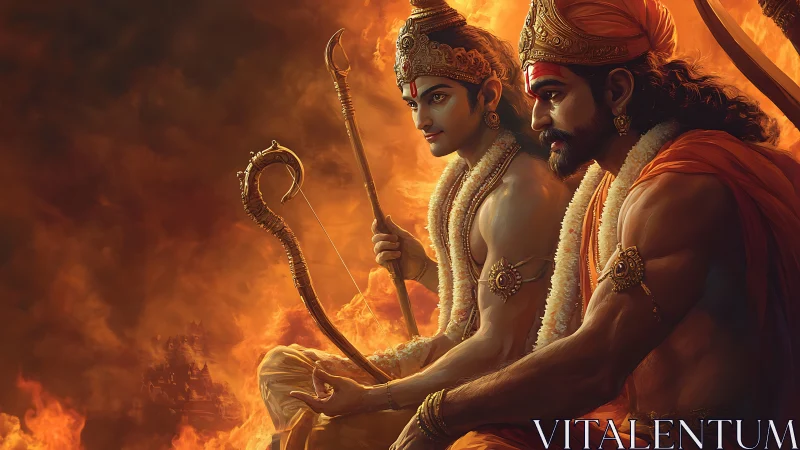 Warrior princes seated with bows amid intense firelight.