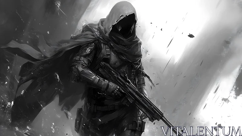 Hooded futuristic sniper advances through collapsing ruins